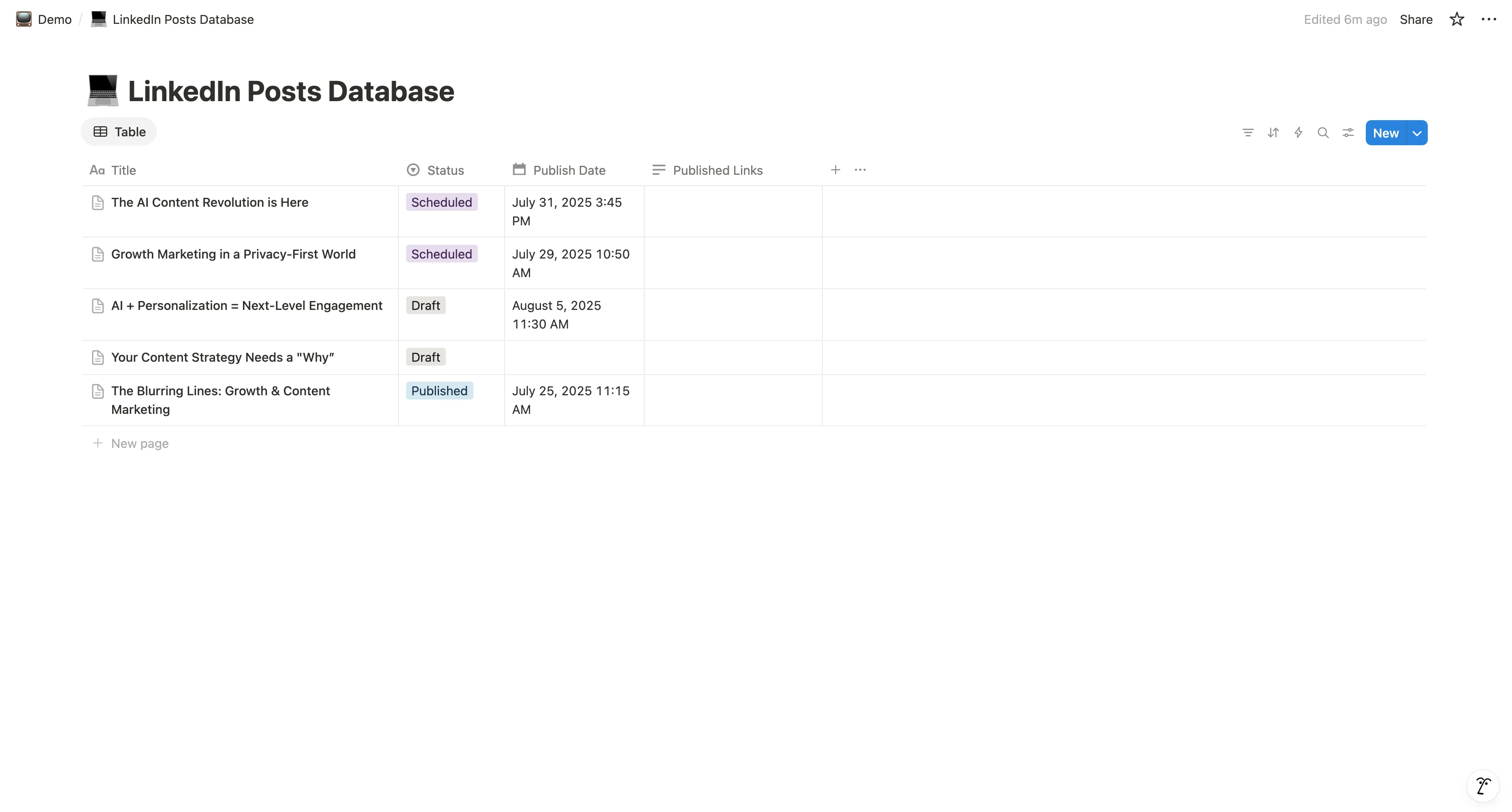 Screenshot of a Notion database organized for content scheduling.