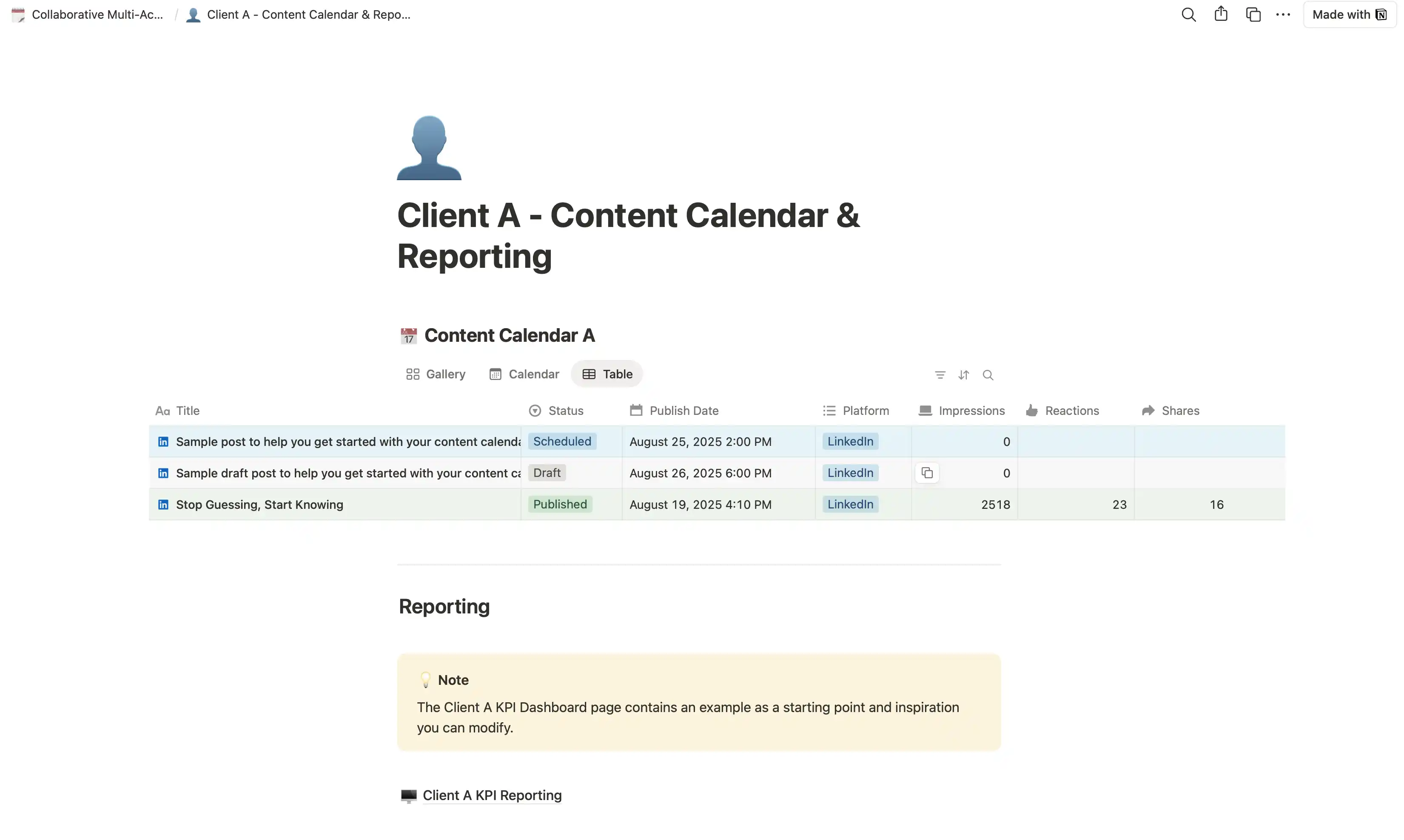Figure 3: Final Client A page. This page contains an inline database with multiple views and specific columns for the content and also a reporting page at the bottom.