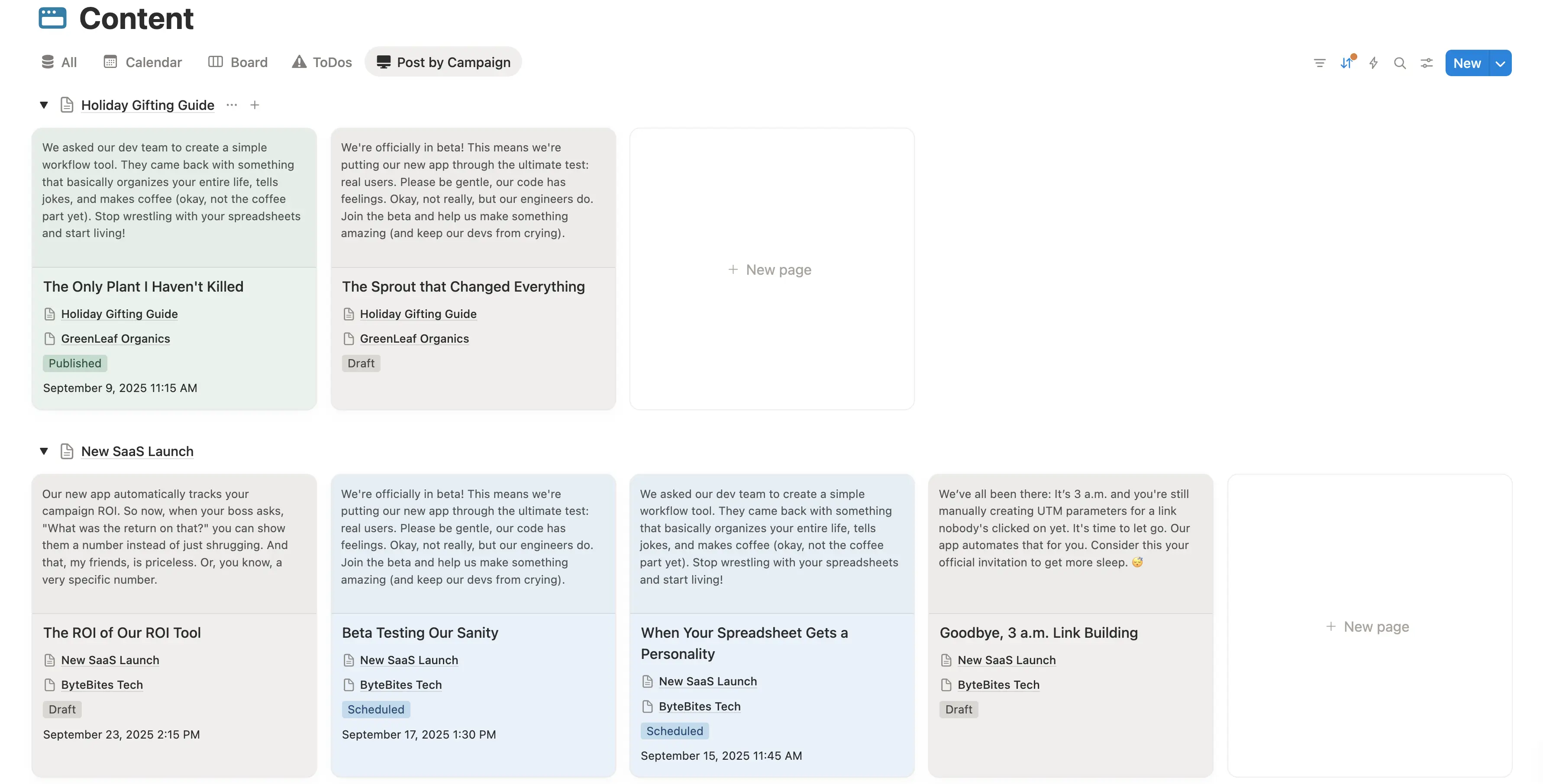 Figure 3: Notion content calendar template showing posts organized by campaign and scheduled dates.
