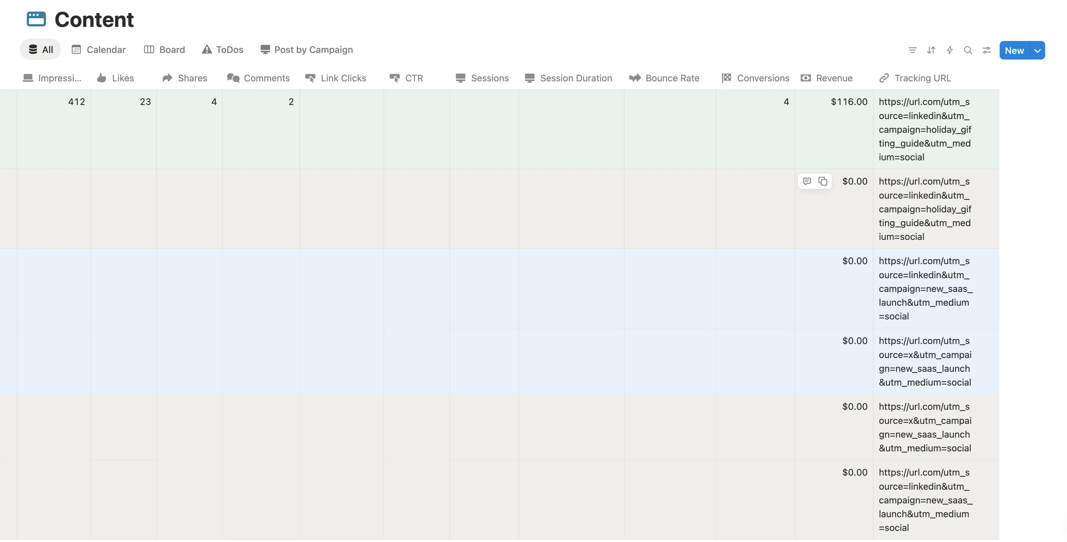 Figure 4: Table view of the Notion template with the tracking URL for each post. We can create it manually in the template or use the integration with the BroadPost app to automatically create these links for each post based on the campaign and selected source. Then for each relevant link inside of the post the tracking parameters are added automatically so you don't have to worry about them at all.