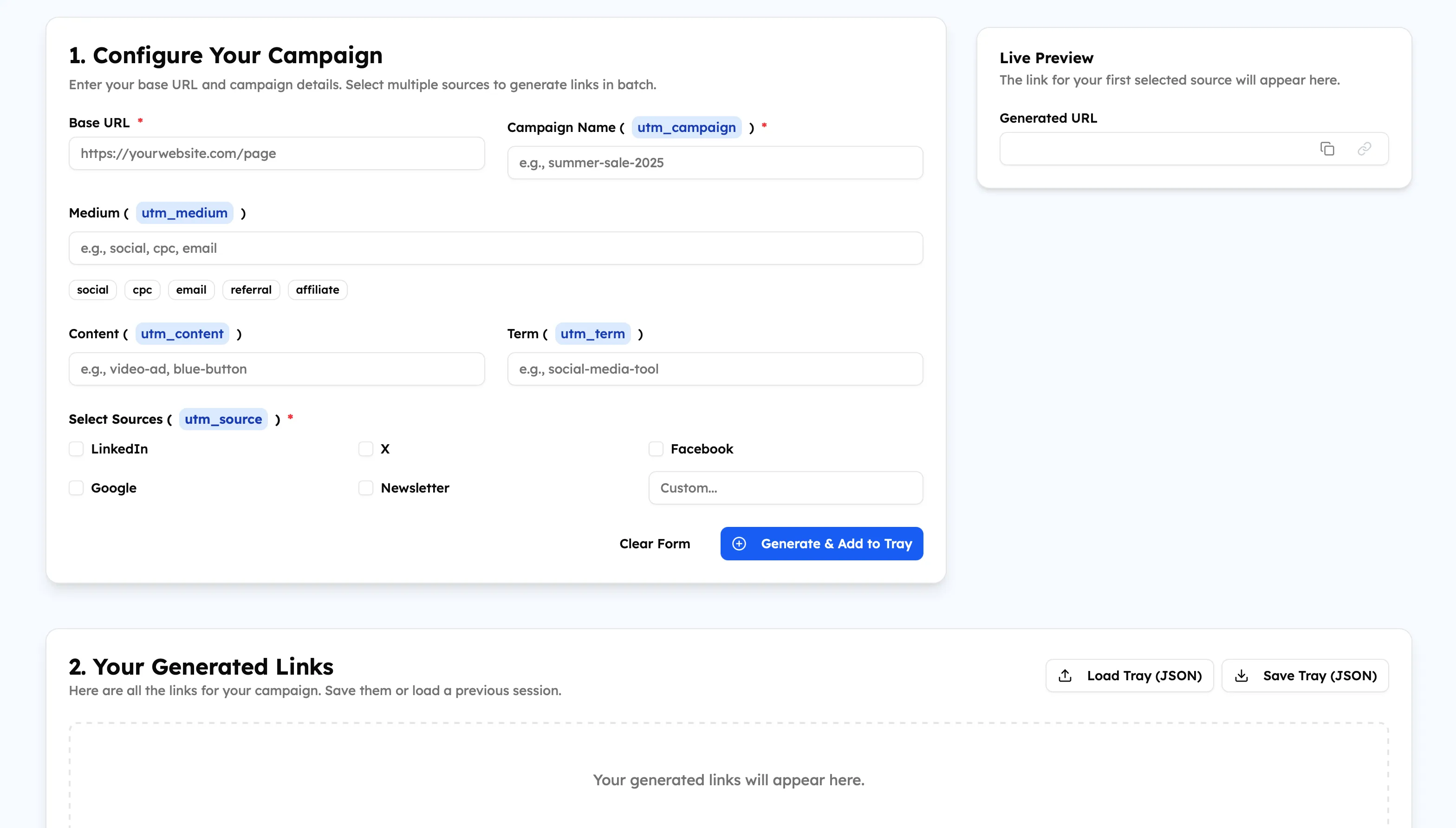 Figure 1: Screenshot of the UTM Generator. Configure your campaign and get all links at the bottom. Save your generated links if you want to continue your work later.