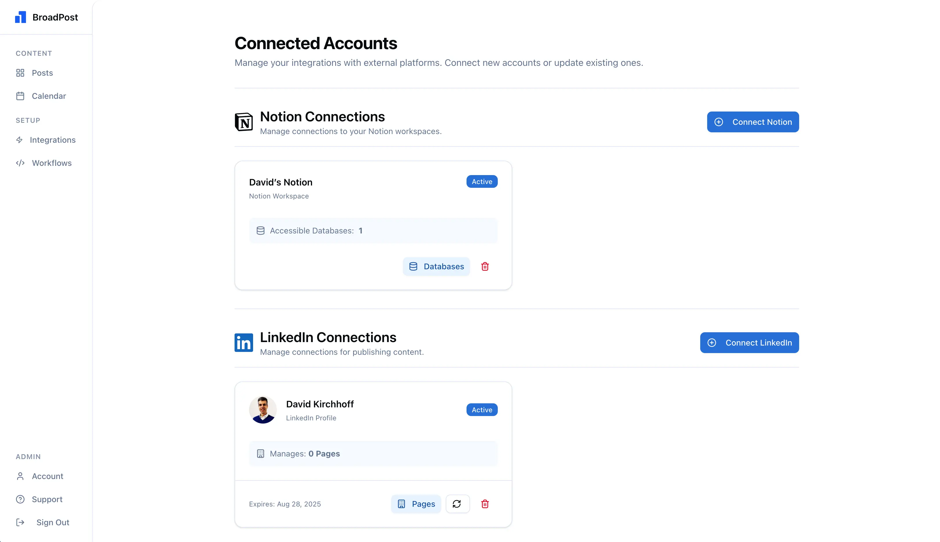 BroadPost Integrations page with the newly added LinkedIn connection card